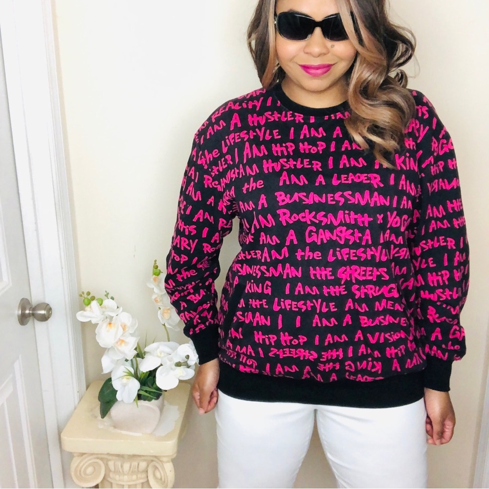 Rocksmith Graffiti Words Y2K Vintage Hot Pink Black Hip Hop Long Sleeve Sweater